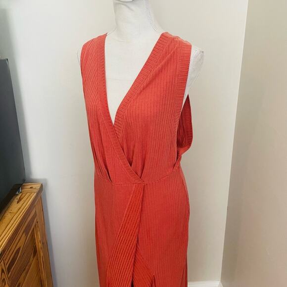 Free People Rising Sun Terracotta Ribbed Wrap Midi Dress Sz Large - Picture 4 of 8
